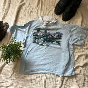 cottagecore aesthetic dainty vintage graphic tee t-shirt w/ collar size XL
